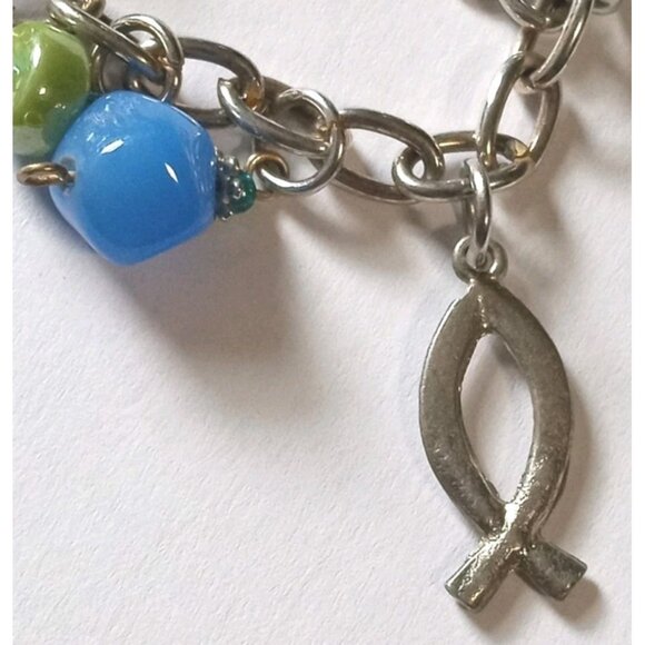 Vintage Art Glass Christian Symbols Charm Bracelet Silver Tone Chain Beads - Picture 5 of 14
